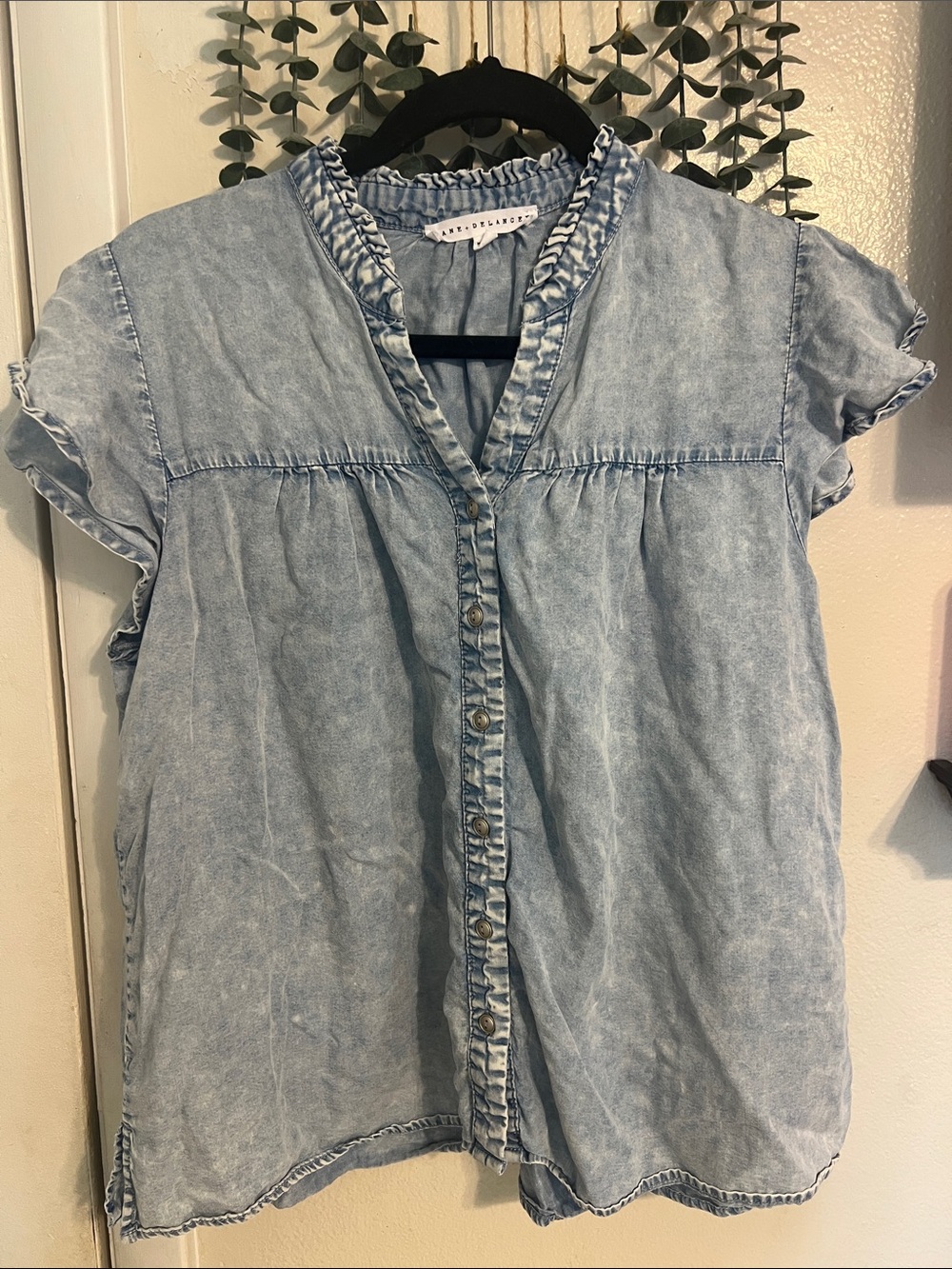Jane and Delancey Light Wash Distressed Denim Button-Front Blouse